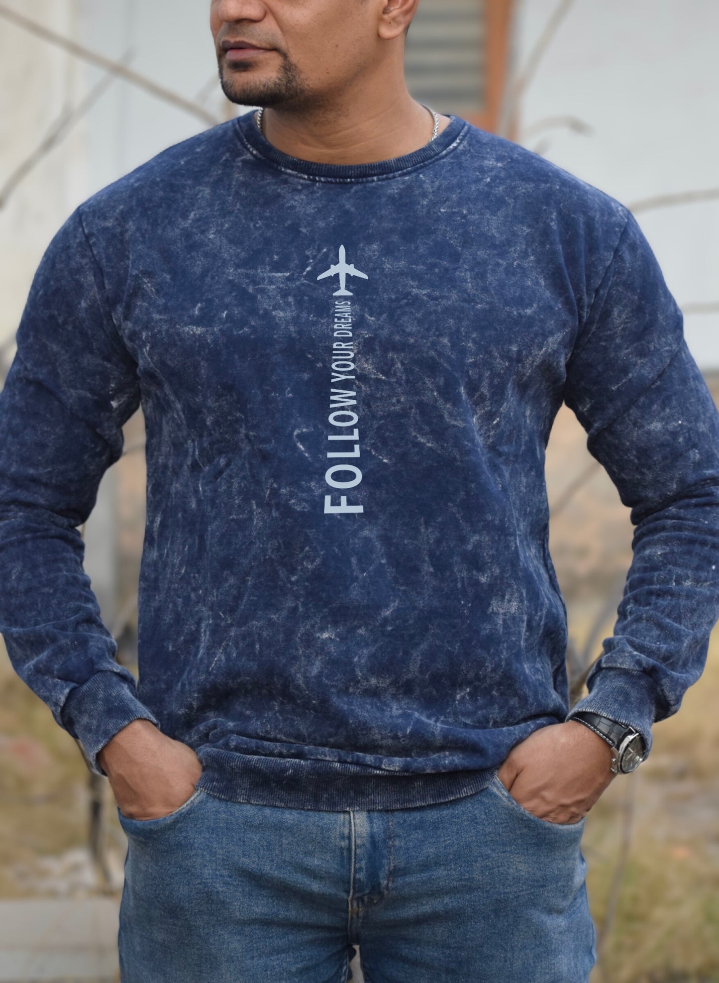 Follow your Dreams Navy Blue Optical Pattern Sweatshirt