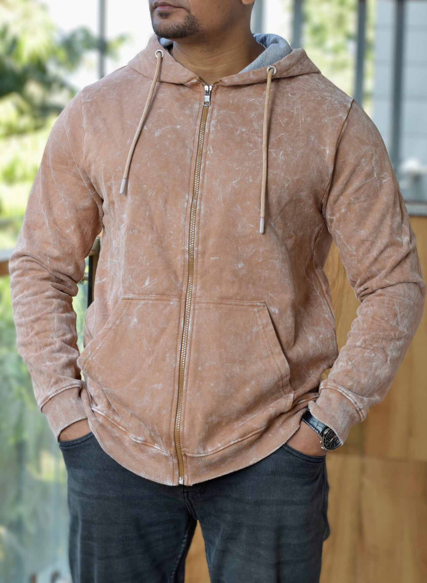 Beige Optical Pattern Zipper Hoodie