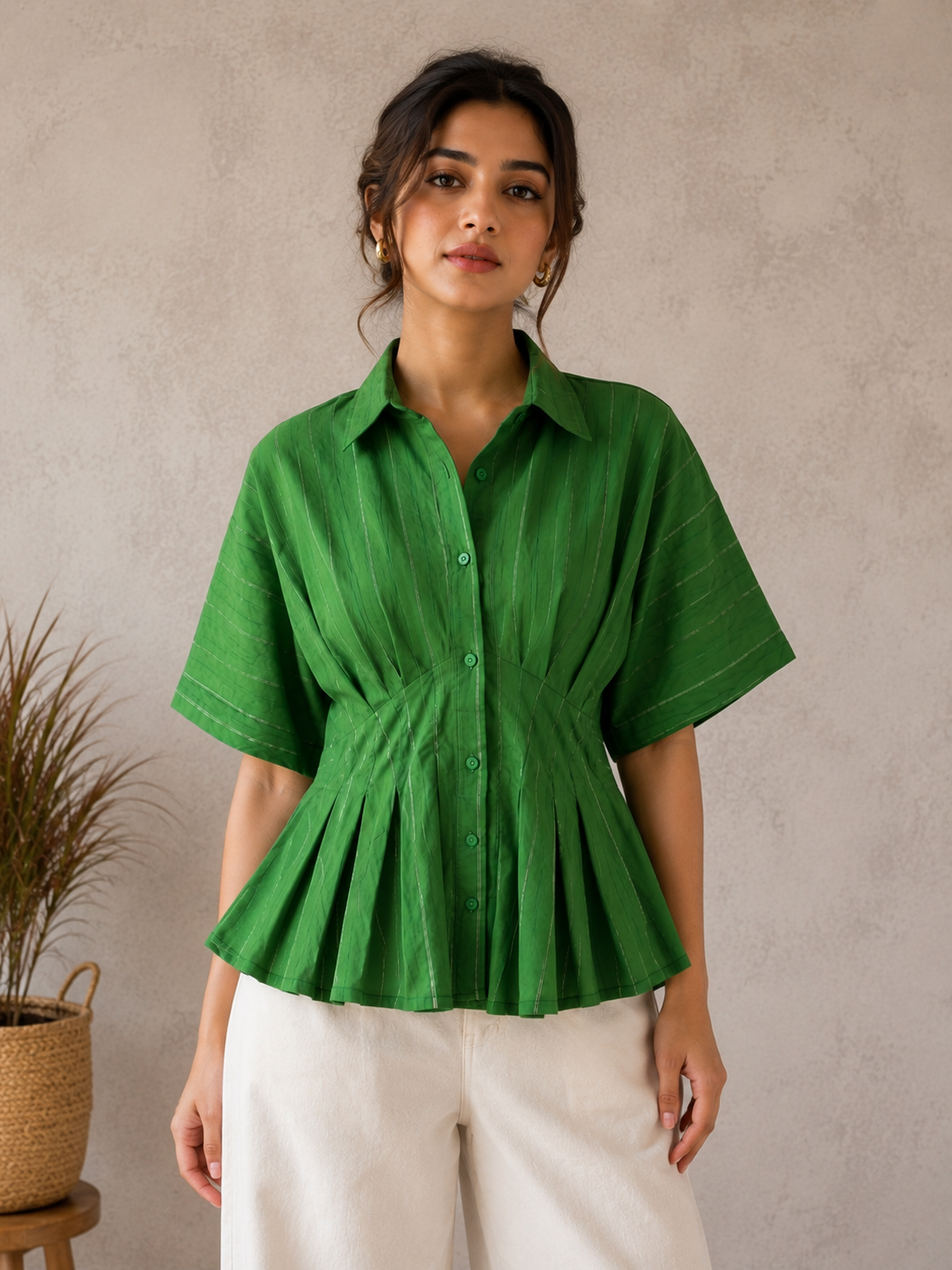 Green Pleated Peplum Shirt