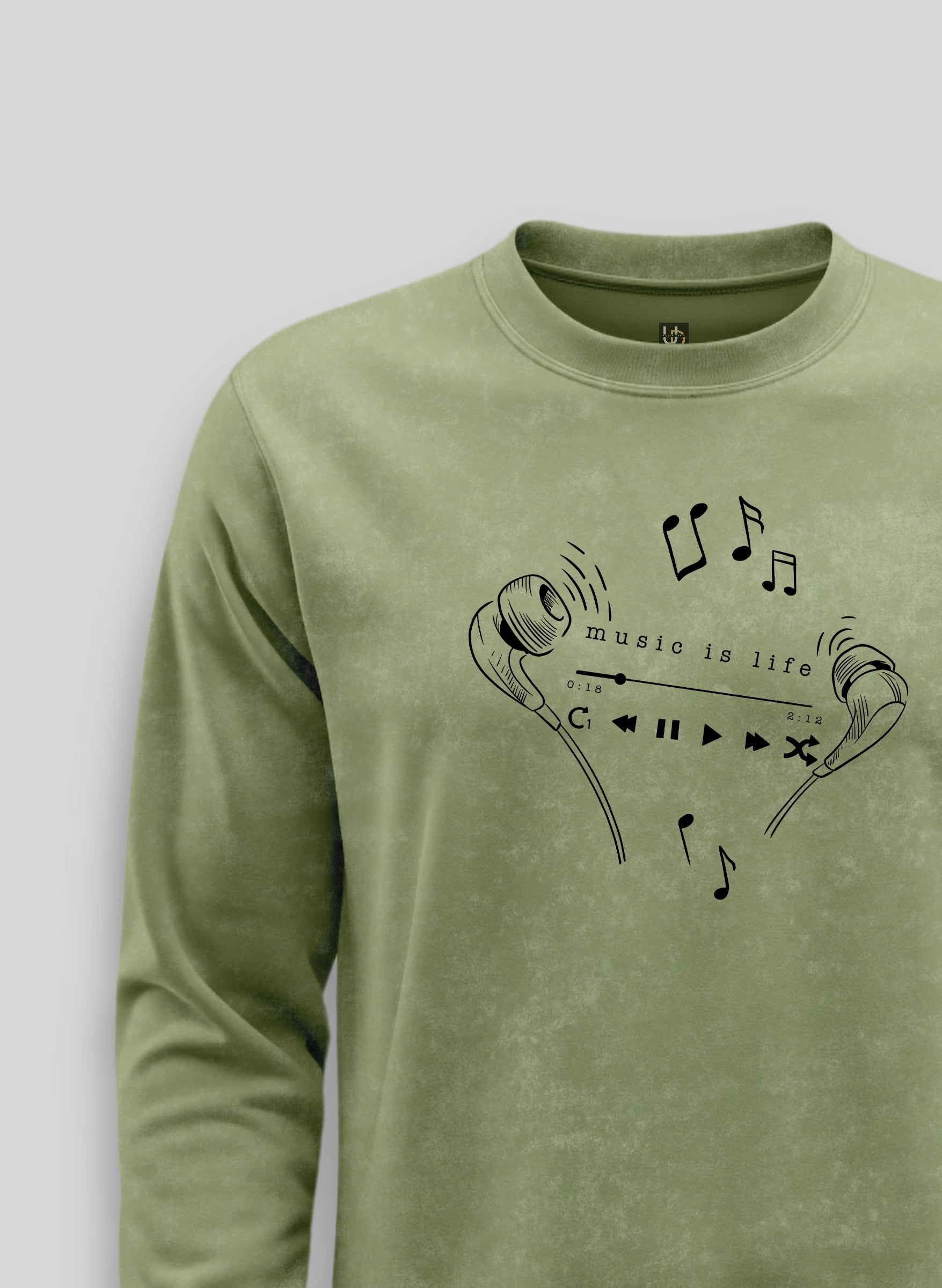 Music is Life Olive Green Optical Pattern Sweatshirt