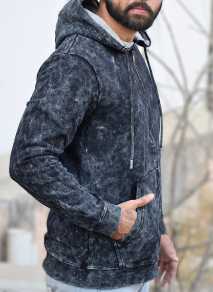 Black Optical Pattern Zipper Hoodie