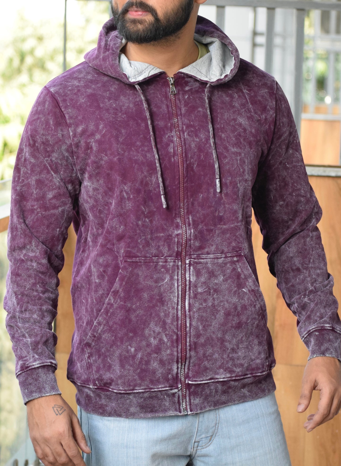 Wine Optical Pattern Zipper Hoodie