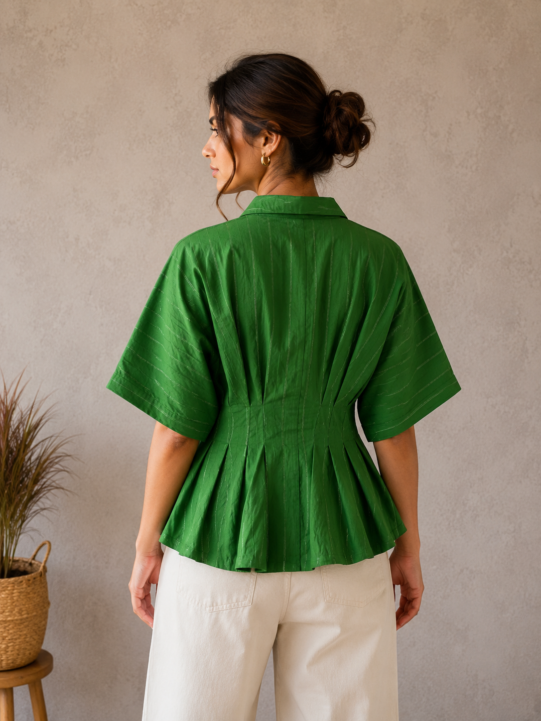 Green Pleated Peplum Shirt