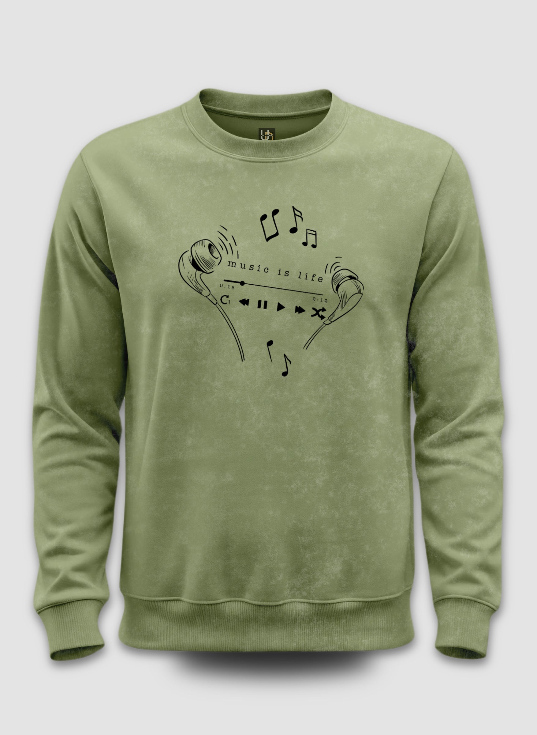 Music is Life Olive Green Optical Pattern Sweatshirt
