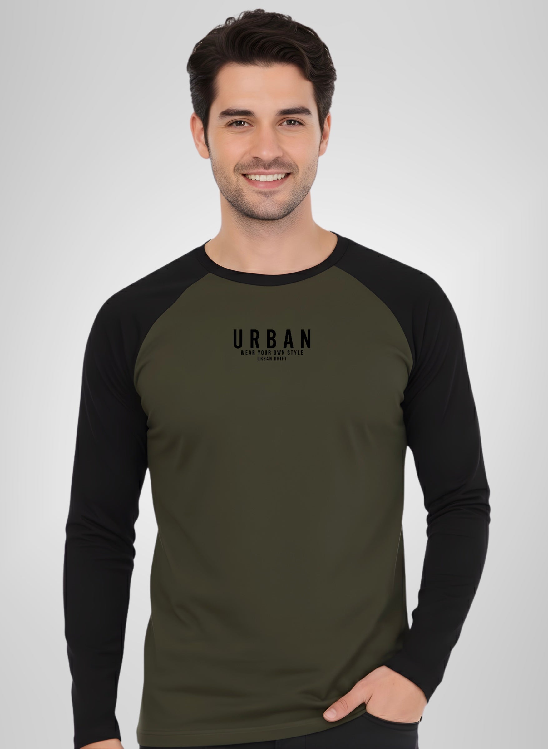 Black-Army Green Full Sleeve T-Shirt