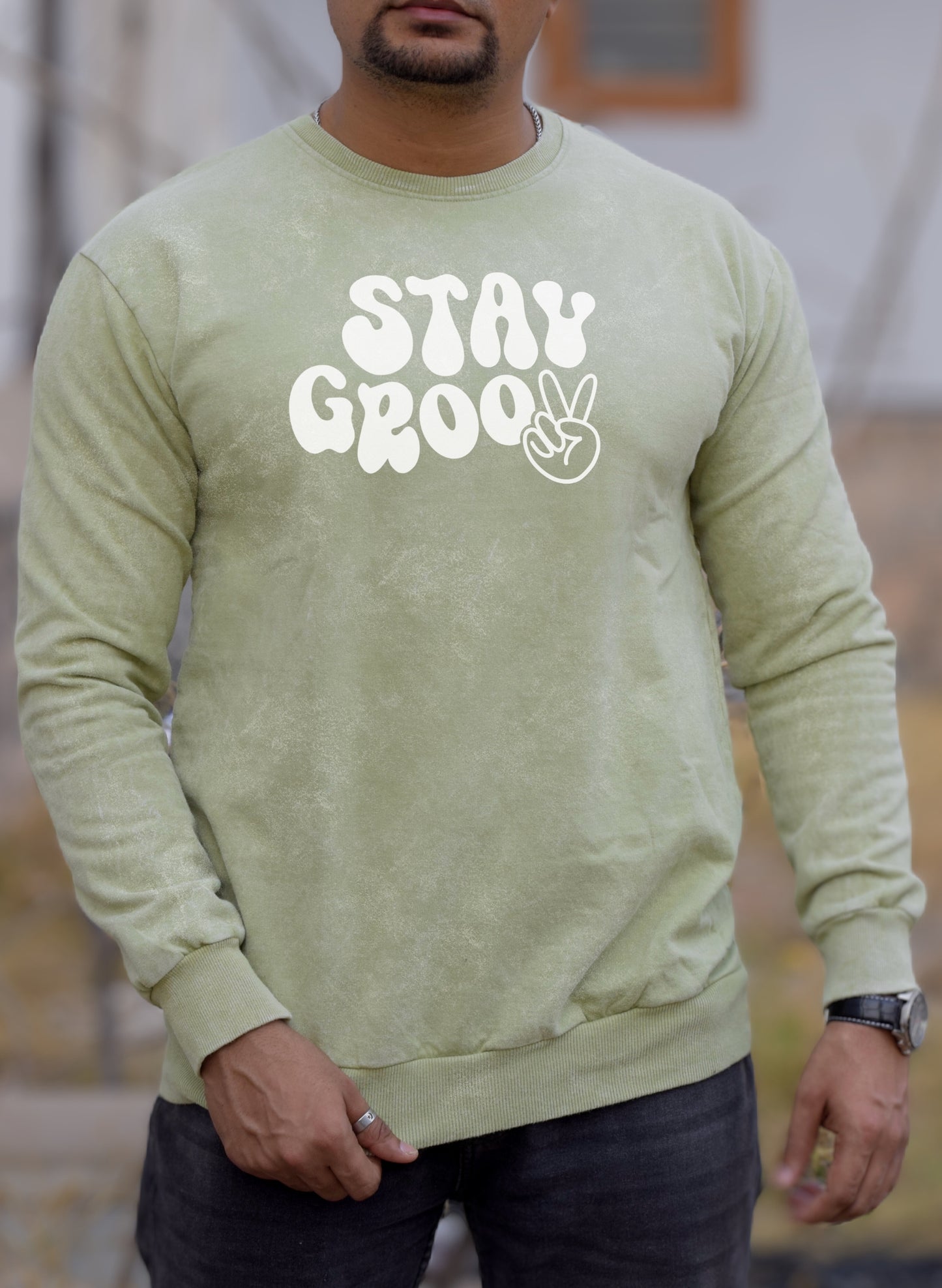 Stay Groovy Olive Green Optical Pattern Winter Sweatshirt